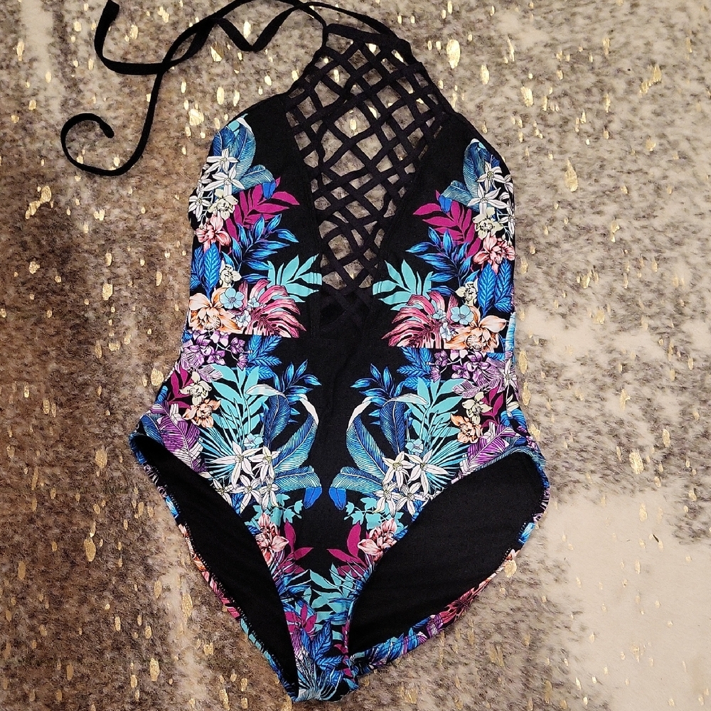 Kenneth Cole Floral Halter One-Piece Swimsuit